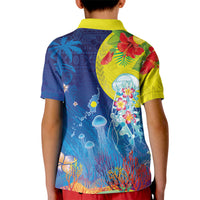 Palau Kid Polo Shirt Jellyfish with Coral Reefs Ocean Vibe and Tapa Pattern LT03 - Polynesian Pride