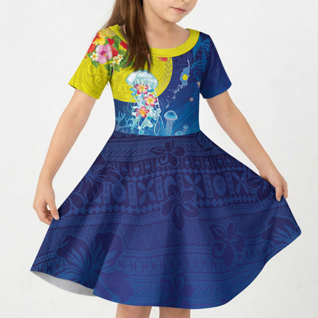 Palau Kid Short Sleeve Dress Jellyfish with Coral Reefs Ocean Vibe and Tapa Pattern LT03 KID Blue - Polynesian Pride