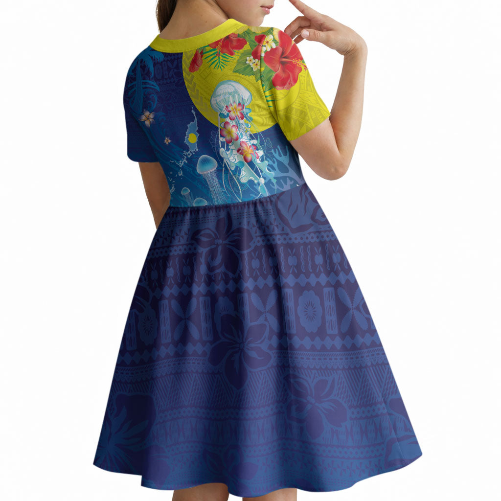 Palau Kid Short Sleeve Dress Jellyfish with Coral Reefs Ocean Vibe and Tapa Pattern LT03 - Polynesian Pride