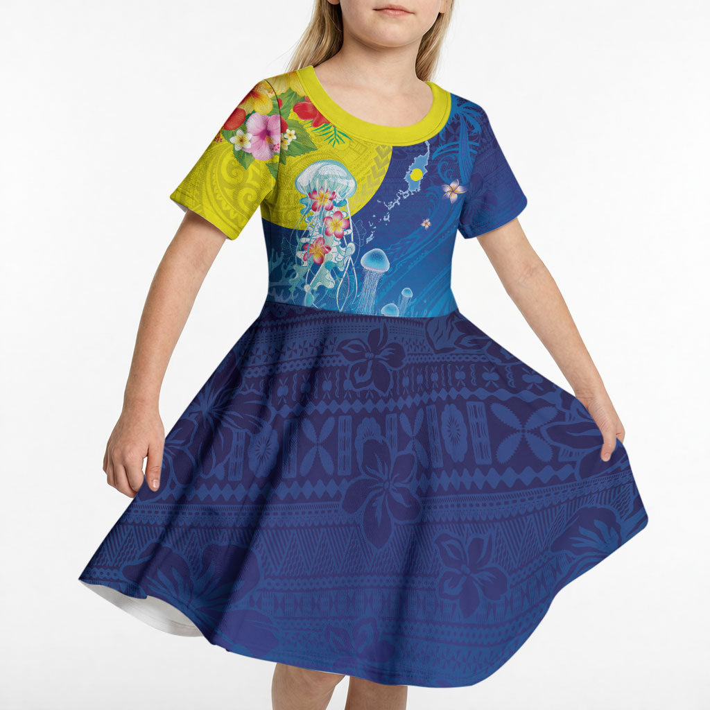 Palau Kid Short Sleeve Dress Jellyfish with Coral Reefs Ocean Vibe and Tapa Pattern LT03 - Polynesian Pride