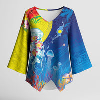 Palau Kimono Sleeve Blouse Jellyfish with Coral Reefs Ocean Vibe and Tapa Pattern LT03 Female Blue - Polynesian Pride