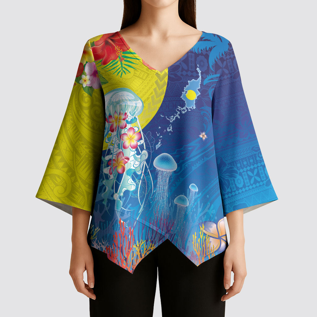 Palau Kimono Sleeve Blouse Jellyfish with Coral Reefs Ocean Vibe and Tapa Pattern LT03 - Polynesian Pride