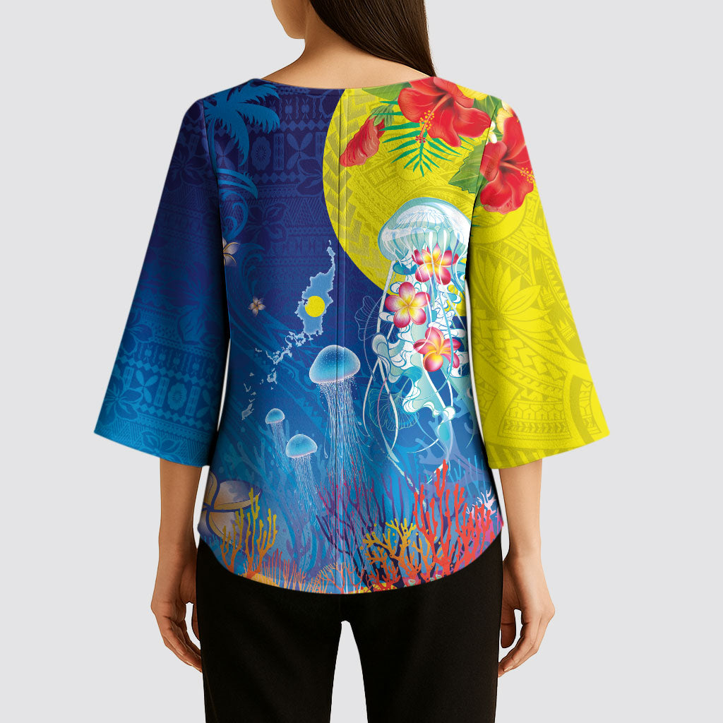 Palau Kimono Sleeve Blouse Jellyfish with Coral Reefs Ocean Vibe and Tapa Pattern LT03 - Polynesian Pride
