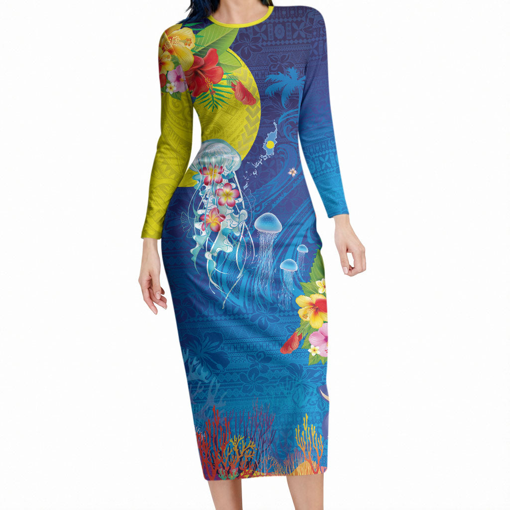 Palau Long Sleeve Bodycon Dress Jellyfish with Coral Reefs Ocean Vibe and Tapa Pattern LT03 Long Dress Blue - Polynesian Pride