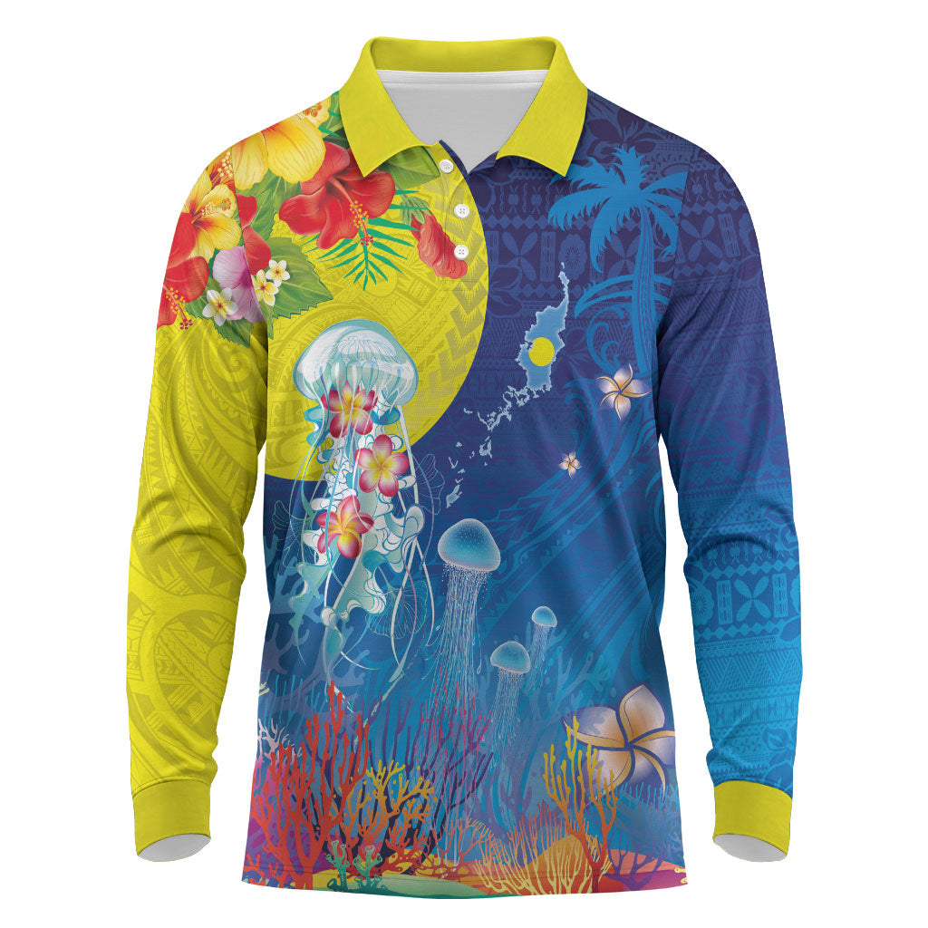 Palau Long Sleeve Polo Shirt Jellyfish with Coral Reefs Ocean Vibe and Tapa Pattern LT03 Blue - Polynesian Pride