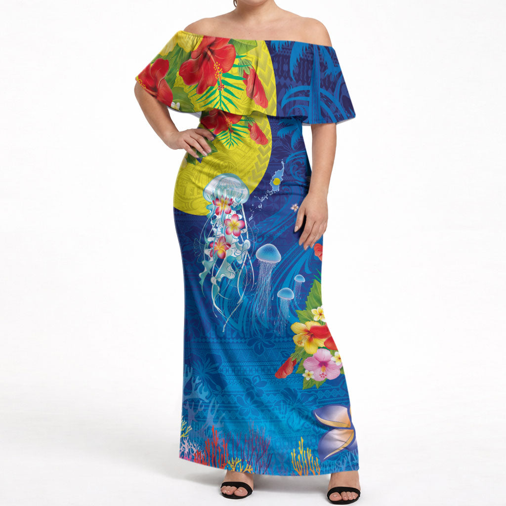 Palau Off Shoulder Maxi Dress Jellyfish with Coral Reefs Ocean Vibe and Tapa Pattern LT03 Women Blue - Polynesian Pride