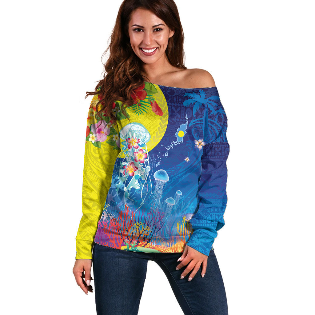 Palau Off Shoulder Sweater Jellyfish with Coral Reefs Ocean Vibe and Tapa Pattern LT03 Women Blue - Polynesian Pride
