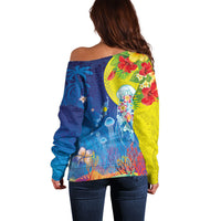 Palau Off Shoulder Sweater Jellyfish with Coral Reefs Ocean Vibe and Tapa Pattern LT03 - Polynesian Pride