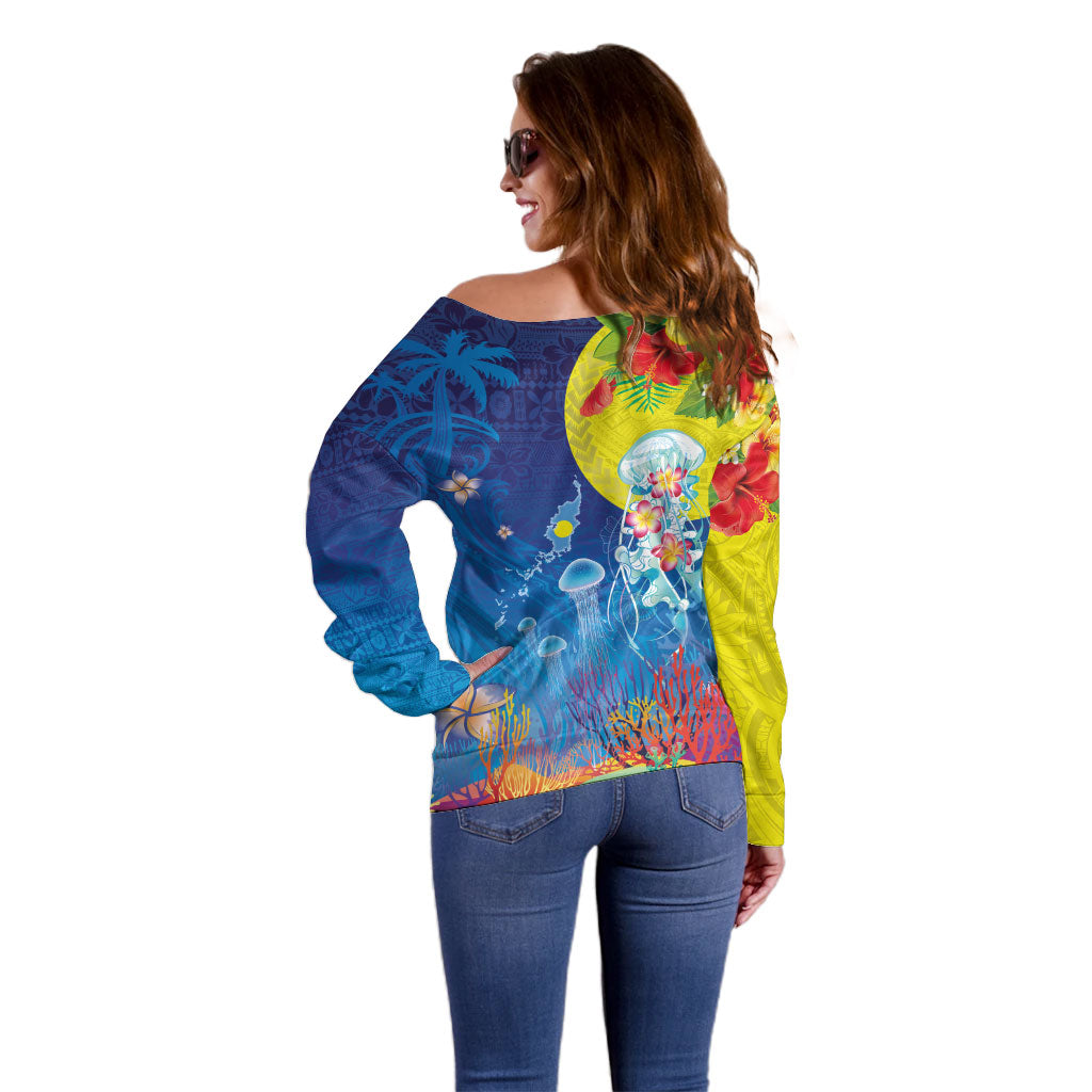 Palau Off Shoulder Sweater Jellyfish with Coral Reefs Ocean Vibe and Tapa Pattern LT03 - Polynesian Pride