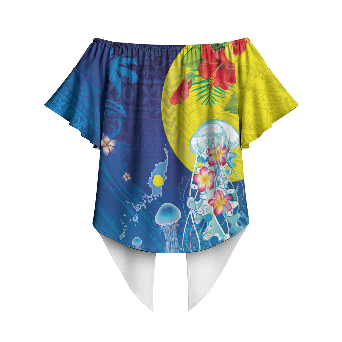 Palau Off Shoulder Wrap Waist Top Jellyfish with Coral Reefs Ocean Vibe and Tapa Pattern LT03 - Polynesian Pride