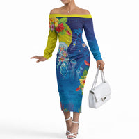 Palau Off The Shoulder Long Sleeve Dress Jellyfish with Coral Reefs Ocean Vibe and Tapa Pattern LT03 Women Blue - Polynesian Pride