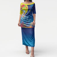 Palau Puletasi Jellyfish with Coral Reefs Ocean Vibe and Tapa Pattern LT03 Long Dress Blue - Polynesian Pride