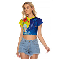 Palau Raglan Cropped T Shirt Jellyfish with Coral Reefs Ocean Vibe and Tapa Pattern LT03 Female Blue - Polynesian Pride