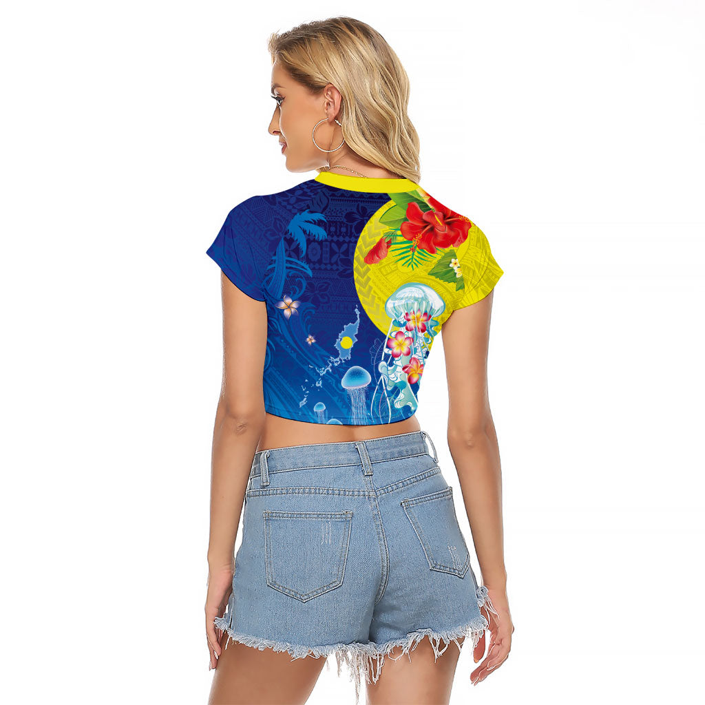Palau Raglan Cropped T Shirt Jellyfish with Coral Reefs Ocean Vibe and Tapa Pattern LT03 - Polynesian Pride