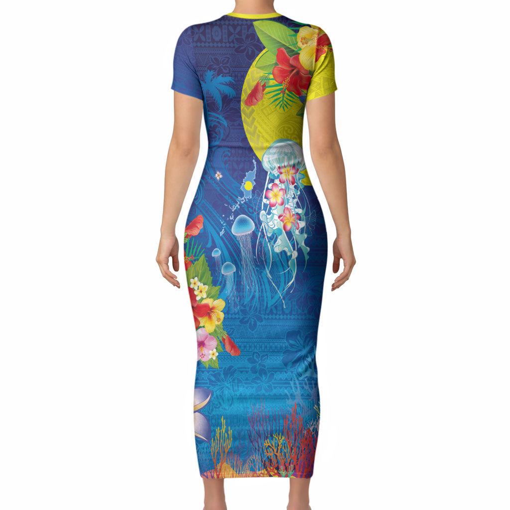 Palau Short Sleeve Bodycon Dress Jellyfish with Coral Reefs Ocean Vibe and Tapa Pattern LT03 - Polynesian Pride