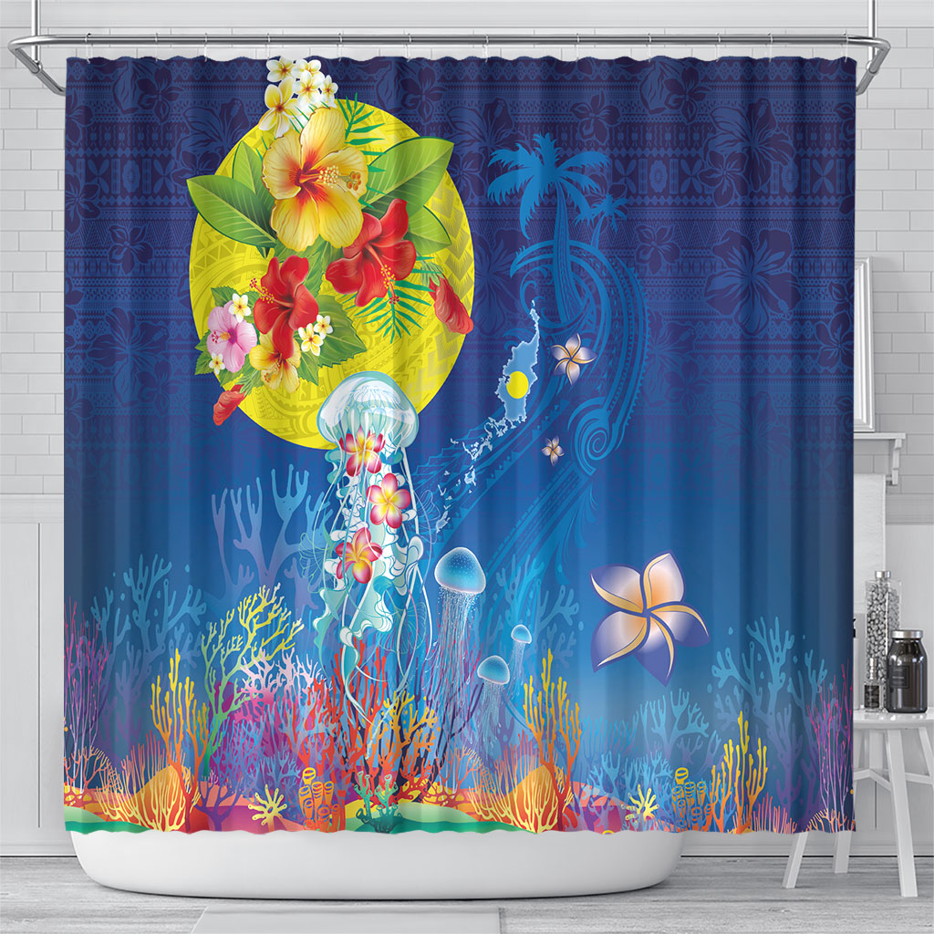 Palau Shower Curtain Jellyfish with Coral Reefs Ocean Vibe and Tapa Pattern LT03 - Polynesian Pride
