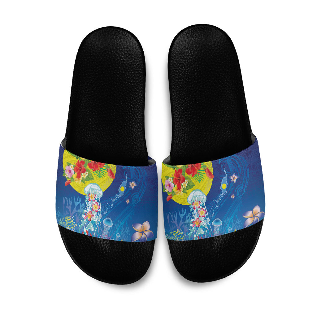 Palau Slide Sandals Jellyfish with Coral Reefs Ocean Vibe and Tapa Pattern LT03 Blue - Polynesian Pride