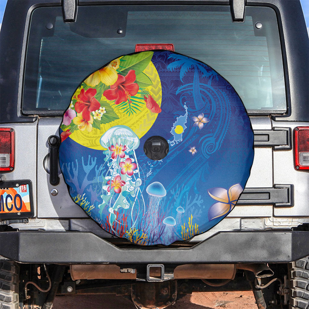 Palau Spare Tire Cover Jellyfish with Coral Reefs Ocean Vibe and Tapa Pattern LT03 Blue - Polynesian Pride