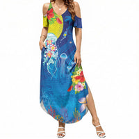 Palau Summer Maxi Dress Jellyfish with Coral Reefs Ocean Vibe and Tapa Pattern LT03 Women Blue - Polynesian Pride