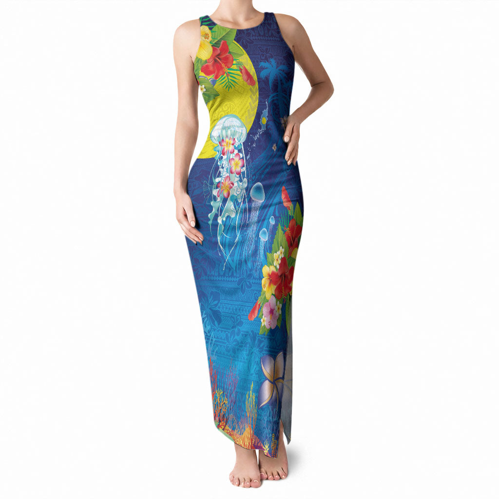 Palau Tank Maxi Dress Jellyfish with Coral Reefs Ocean Vibe and Tapa Pattern LT03 Women Blue - Polynesian Pride