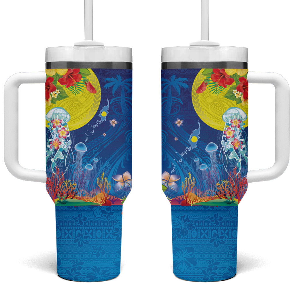 Palau Tumbler With Handle Jellyfish with Coral Reefs Ocean Vibe and Tapa Pattern LT03 One Size: 40 oz Blue - Polynesian Pride
