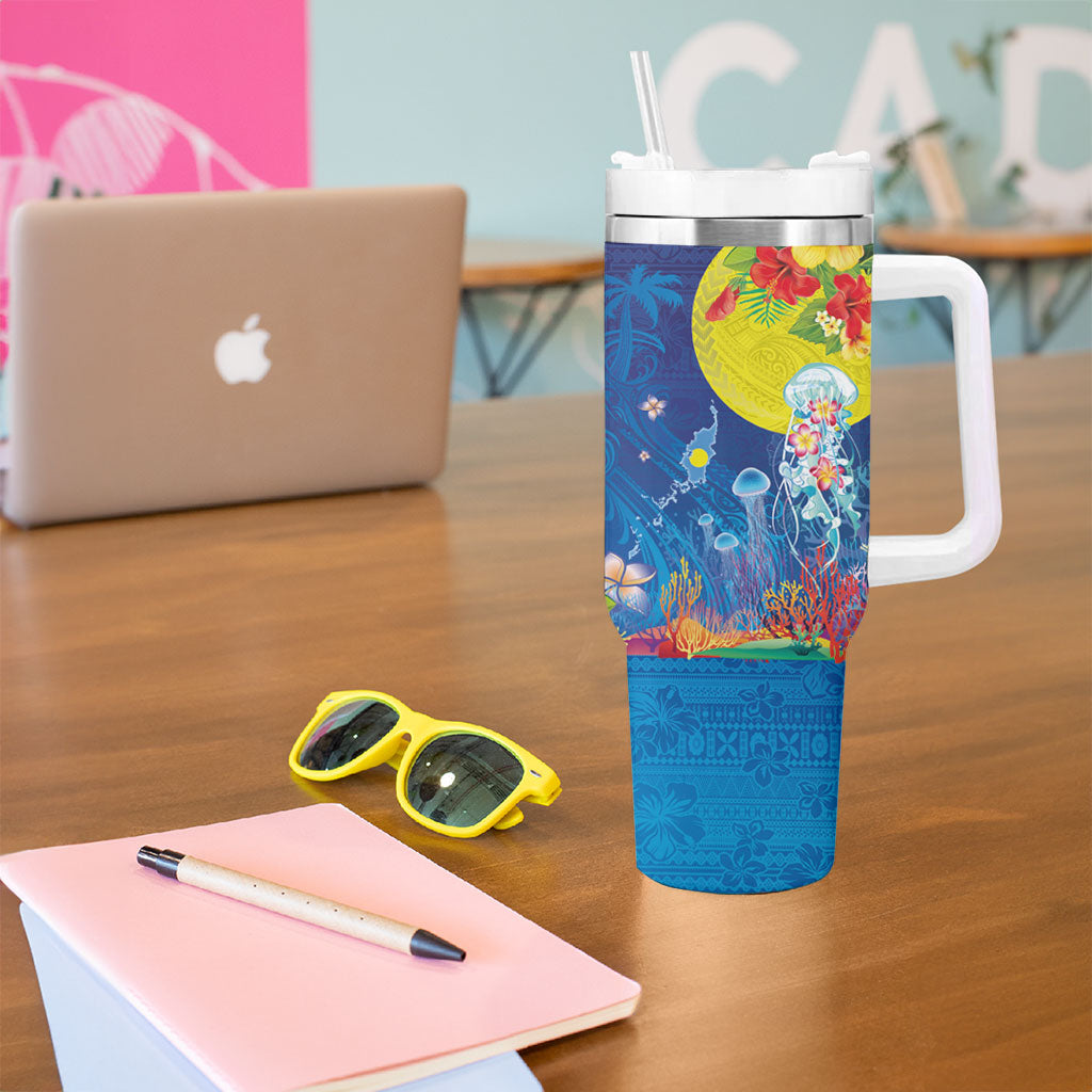 Palau Tumbler With Handle Jellyfish with Coral Reefs Ocean Vibe and Tapa Pattern LT03 - Polynesian Pride