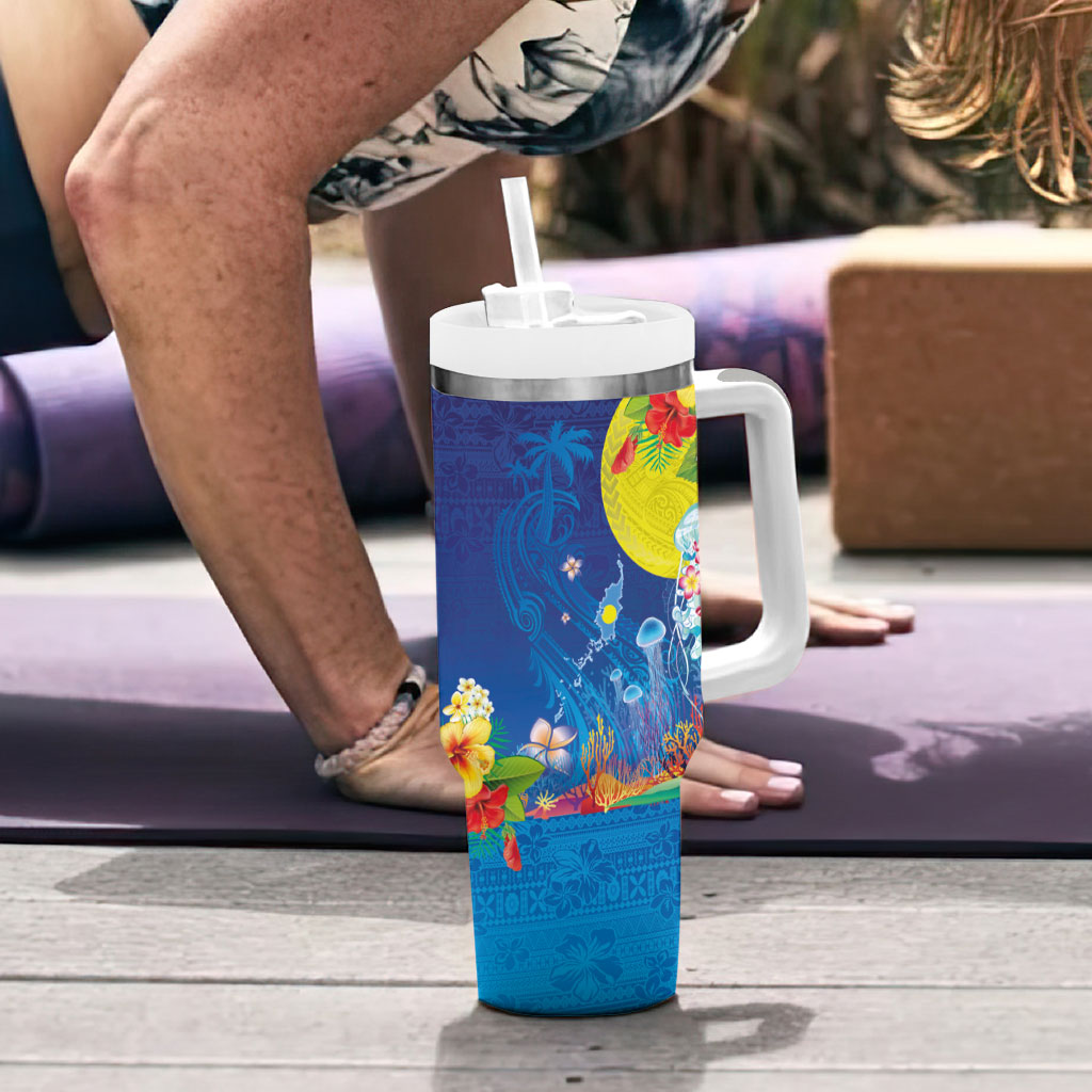 Palau Tumbler With Handle Jellyfish with Coral Reefs Ocean Vibe and Tapa Pattern LT03 - Polynesian Pride