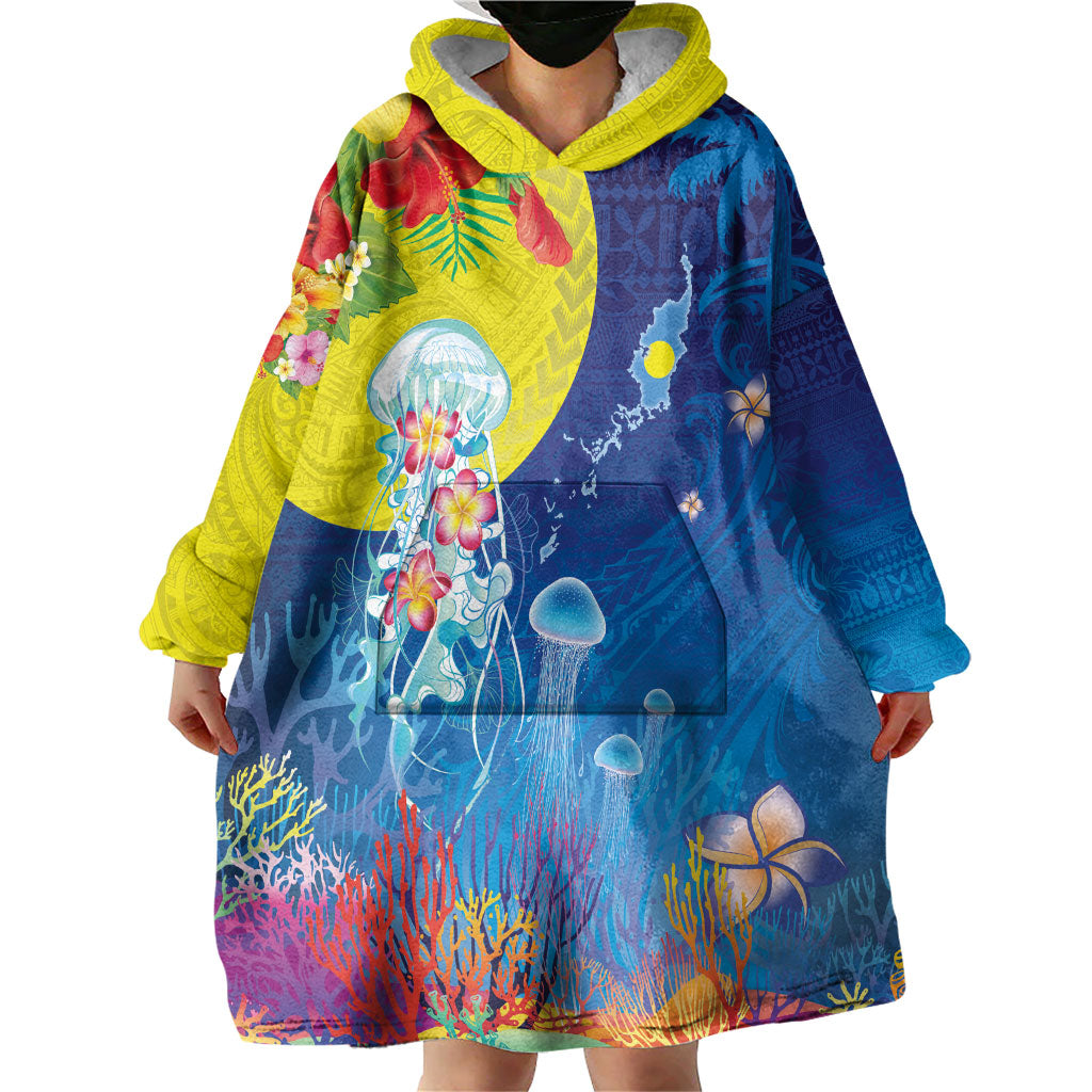 Palau Wearable Blanket Hoodie Jellyfish with Coral Reefs Ocean Vibe and Tapa Pattern LT03 - Polynesian Pride