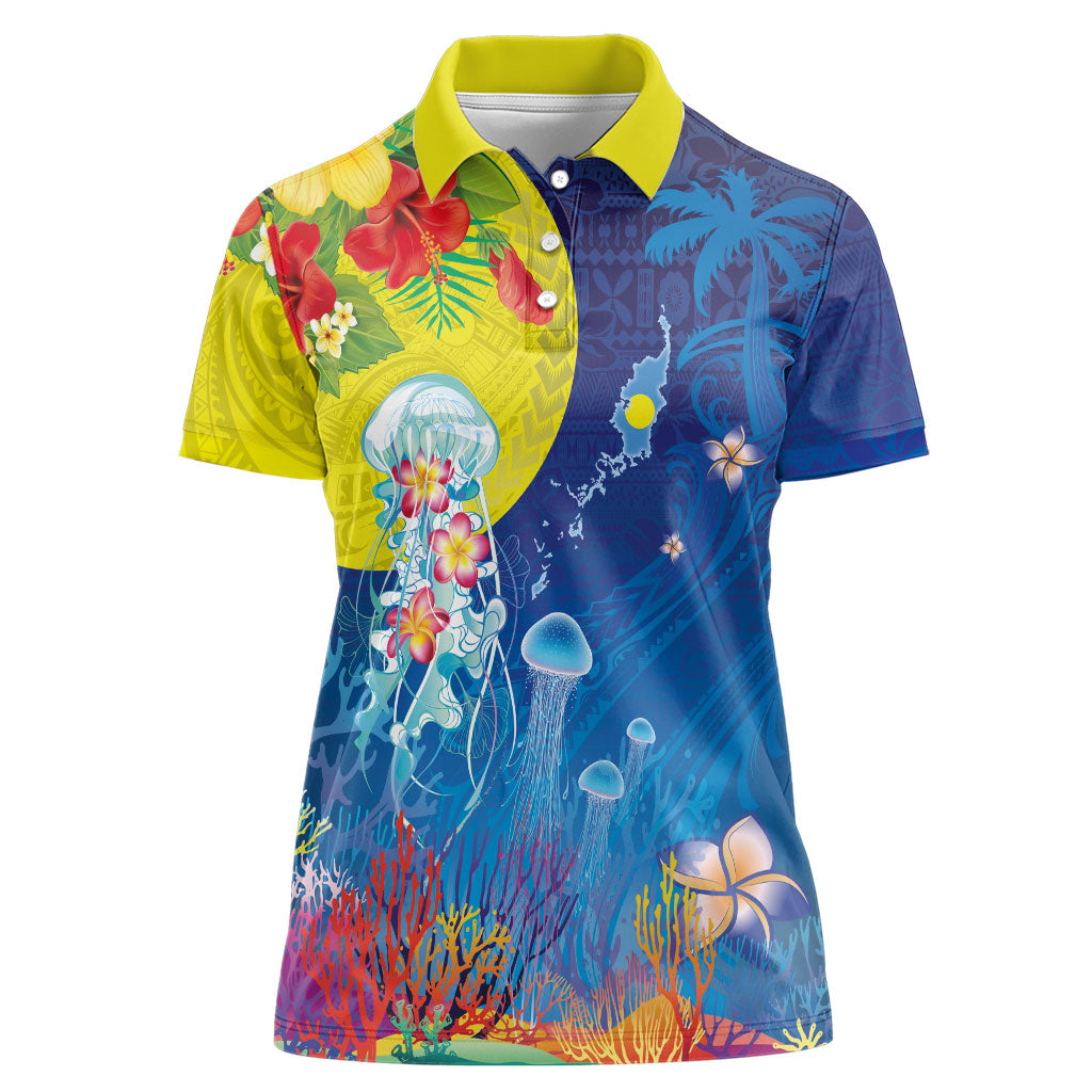 Palau Women Polo Shirt Jellyfish with Coral Reefs Ocean Vibe and Tapa Pattern LT03 Female Blue - Polynesian Pride