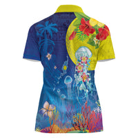 Palau Women Polo Shirt Jellyfish with Coral Reefs Ocean Vibe and Tapa Pattern LT03 - Polynesian Pride