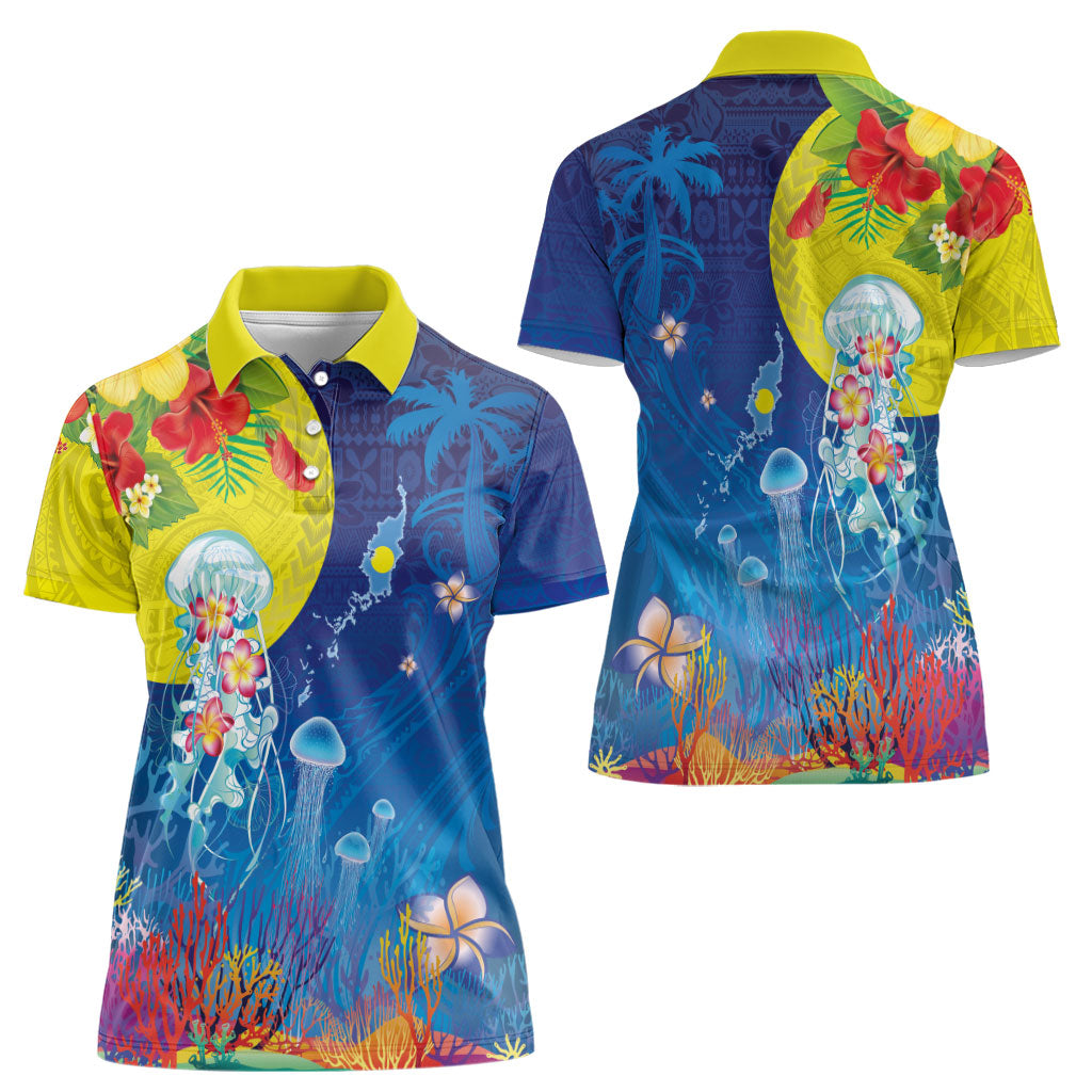 Palau Women Polo Shirt Jellyfish with Coral Reefs Ocean Vibe and Tapa Pattern LT03 - Polynesian Pride