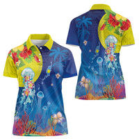Palau Women Polo Shirt Jellyfish with Coral Reefs Ocean Vibe and Tapa Pattern LT03 - Polynesian Pride