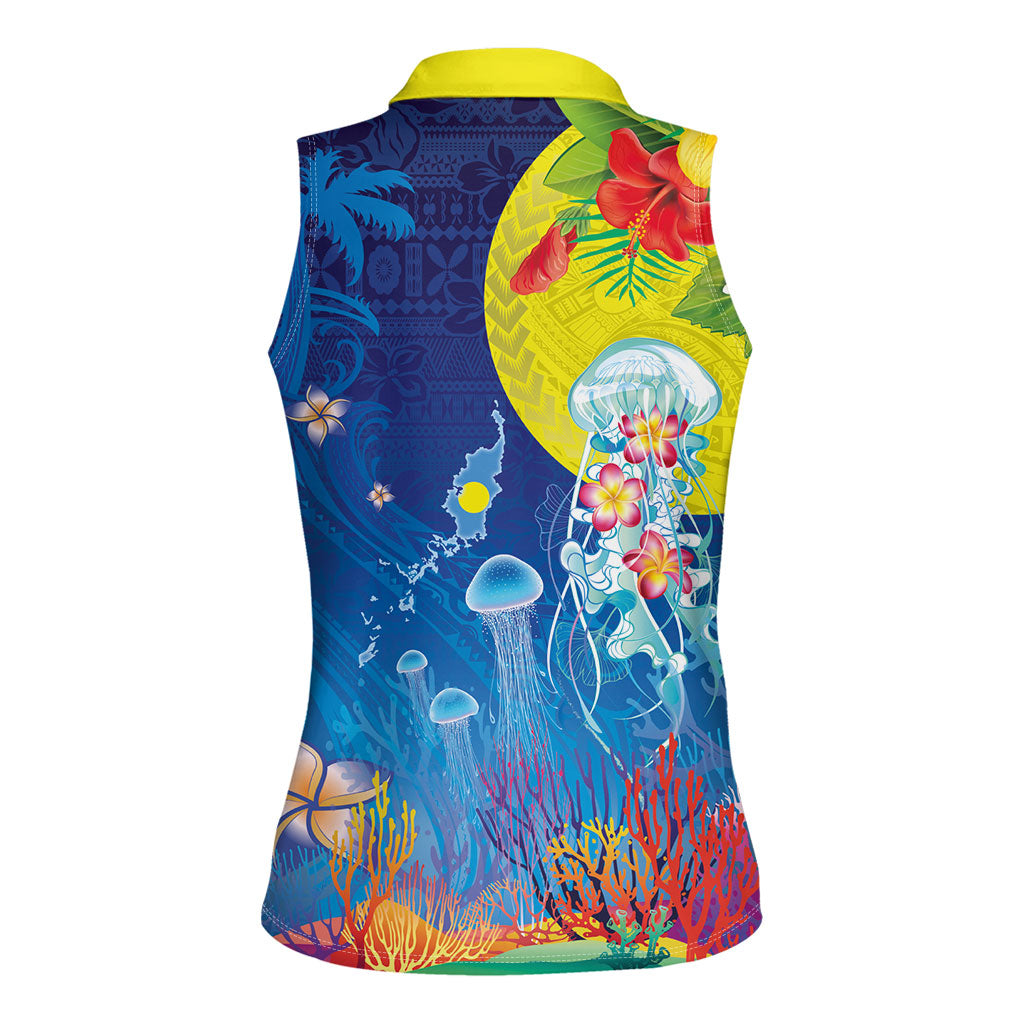 Palau Women Sleeveless Polo Shirt Jellyfish with Coral Reefs Ocean Vibe and Tapa Pattern LT03 - Polynesian Pride