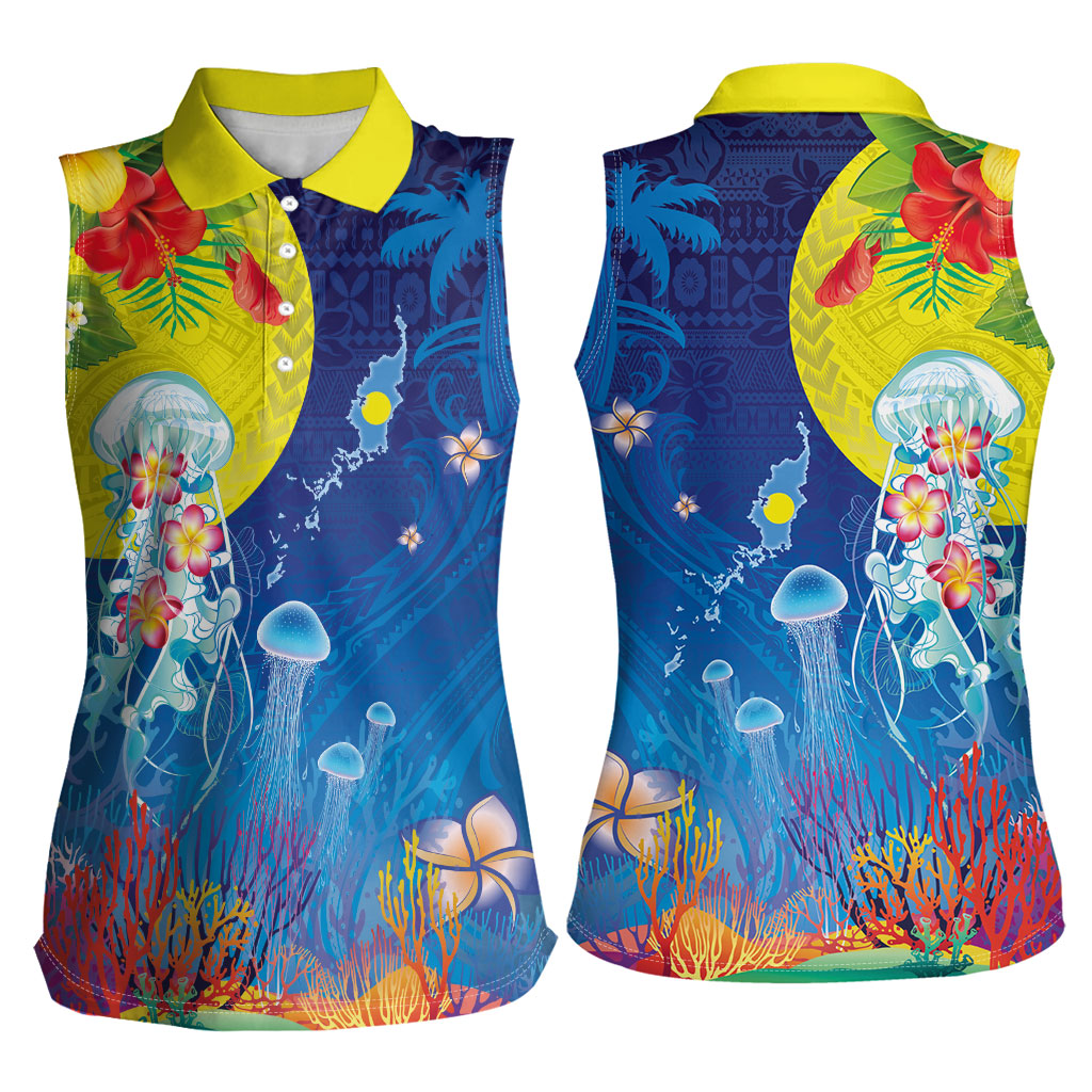Palau Women Sleeveless Polo Shirt Jellyfish with Coral Reefs Ocean Vibe and Tapa Pattern LT03 - Polynesian Pride
