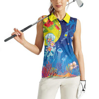 Palau Women Sleeveless Polo Shirt Jellyfish with Coral Reefs Ocean Vibe and Tapa Pattern LT03 - Polynesian Pride