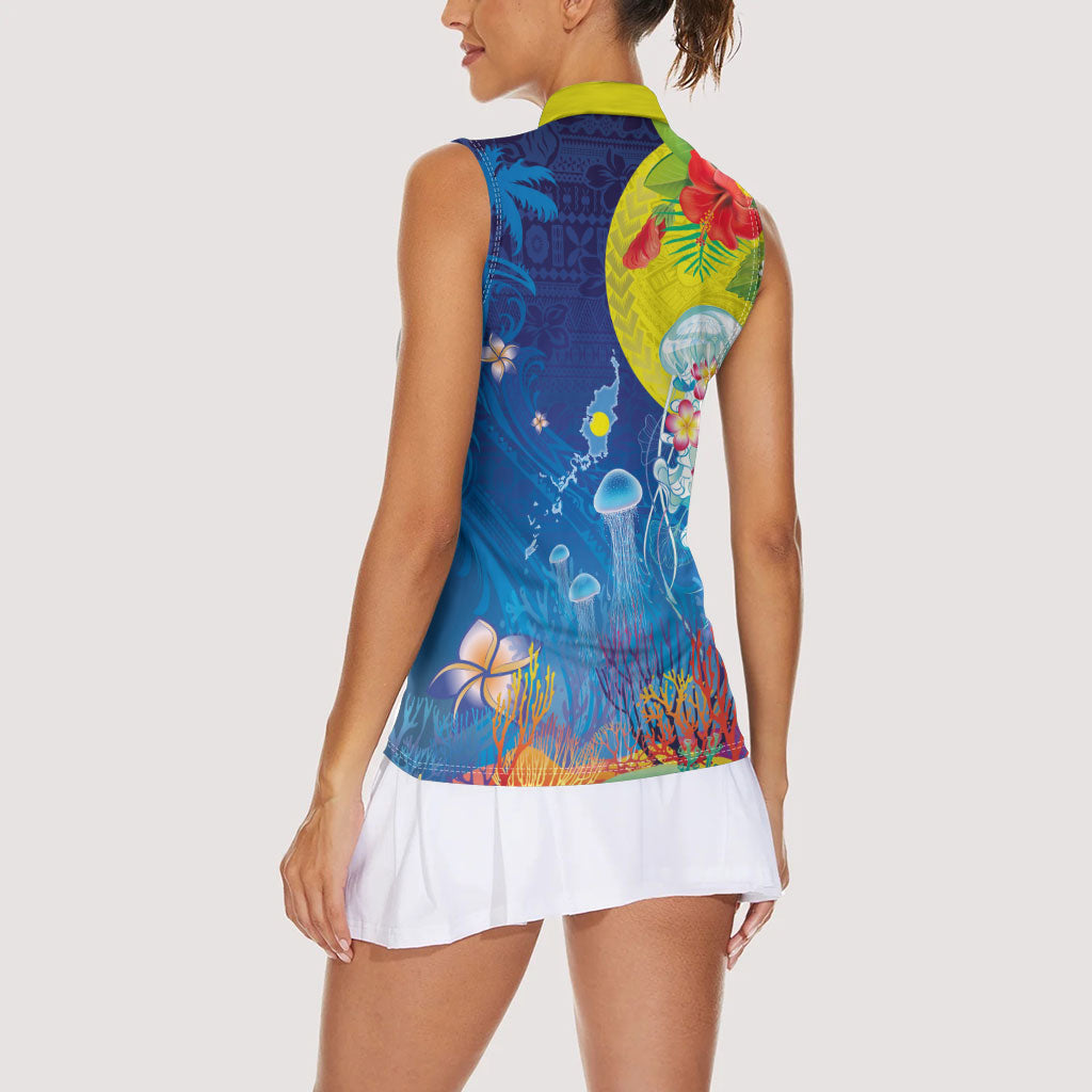 Palau Women Sleeveless Polo Shirt Jellyfish with Coral Reefs Ocean Vibe and Tapa Pattern LT03 - Polynesian Pride