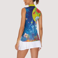Palau Women Sleeveless Polo Shirt Jellyfish with Coral Reefs Ocean Vibe and Tapa Pattern LT03 - Polynesian Pride