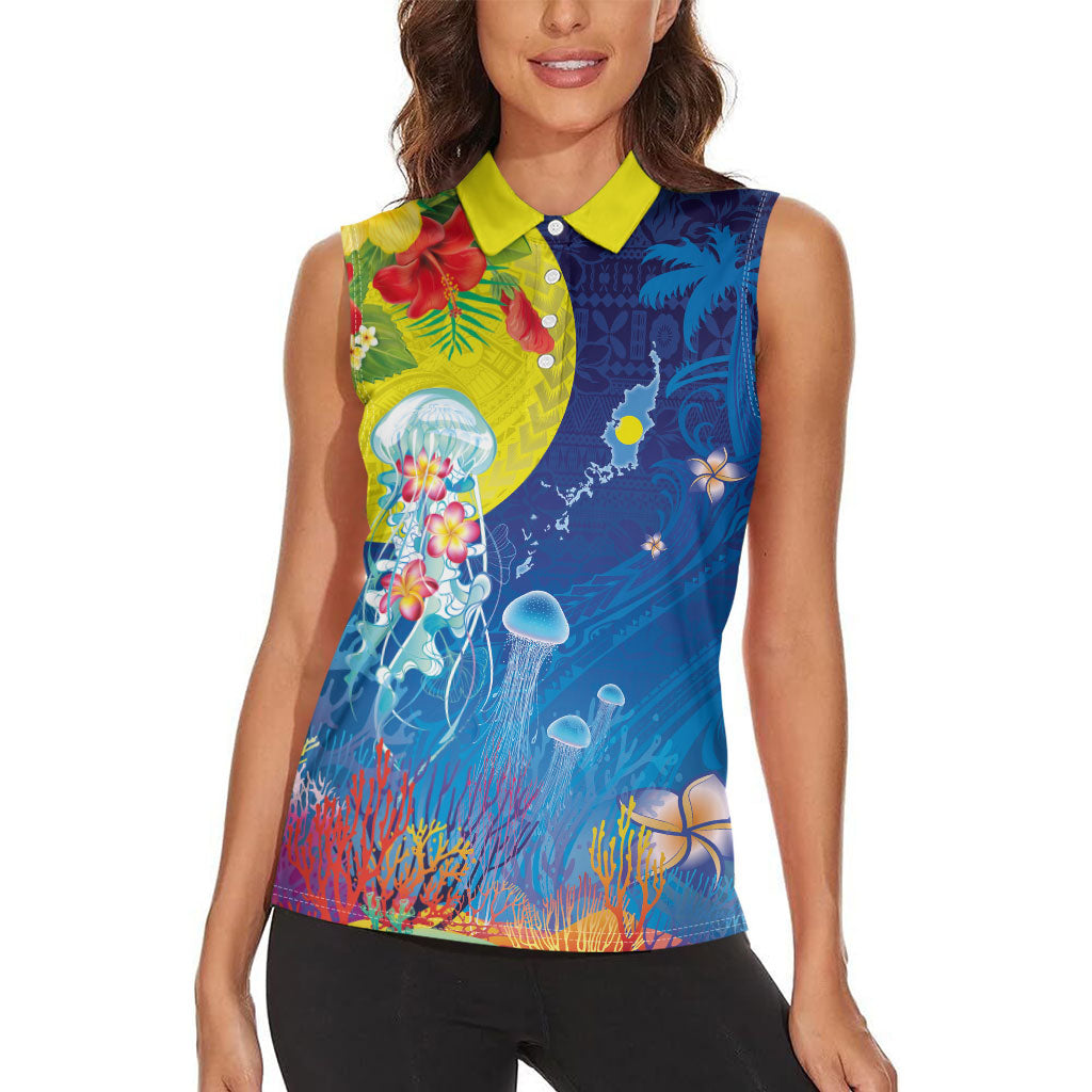 Palau Women Sleeveless Polo Shirt Jellyfish with Coral Reefs Ocean Vibe and Tapa Pattern LT03 - Polynesian Pride