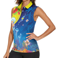 Palau Women Sleeveless Polo Shirt Jellyfish with Coral Reefs Ocean Vibe and Tapa Pattern LT03 - Polynesian Pride