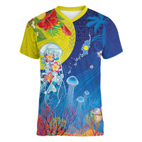 Palau Women V-Neck T-Shirt Jellyfish with Coral Reefs Ocean Vibe and Tapa Pattern LT03 Female Blue - Polynesian Pride
