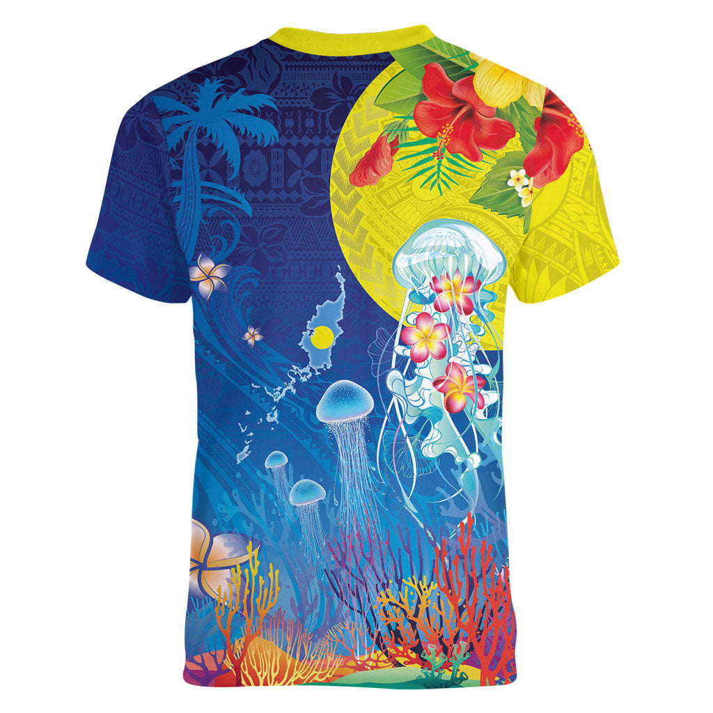 Palau Women V-Neck T-Shirt Jellyfish with Coral Reefs Ocean Vibe and Tapa Pattern LT03 - Polynesian Pride
