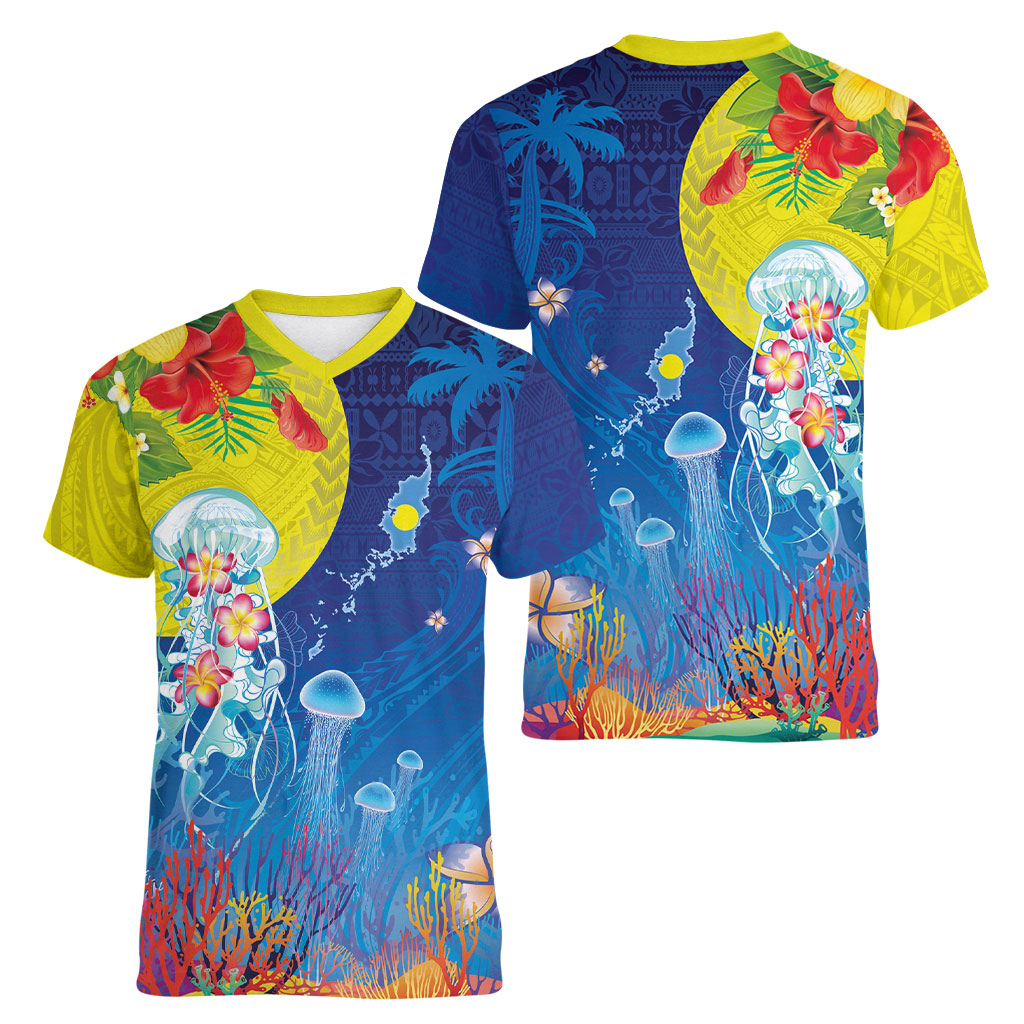 Palau Women V-Neck T-Shirt Jellyfish with Coral Reefs Ocean Vibe and Tapa Pattern LT03 - Polynesian Pride