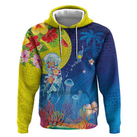 Palau Zip Hoodie Jellyfish with Coral Reefs Ocean Vibe and Tapa Pattern LT03 Pullover Hoodie Blue - Polynesian Pride