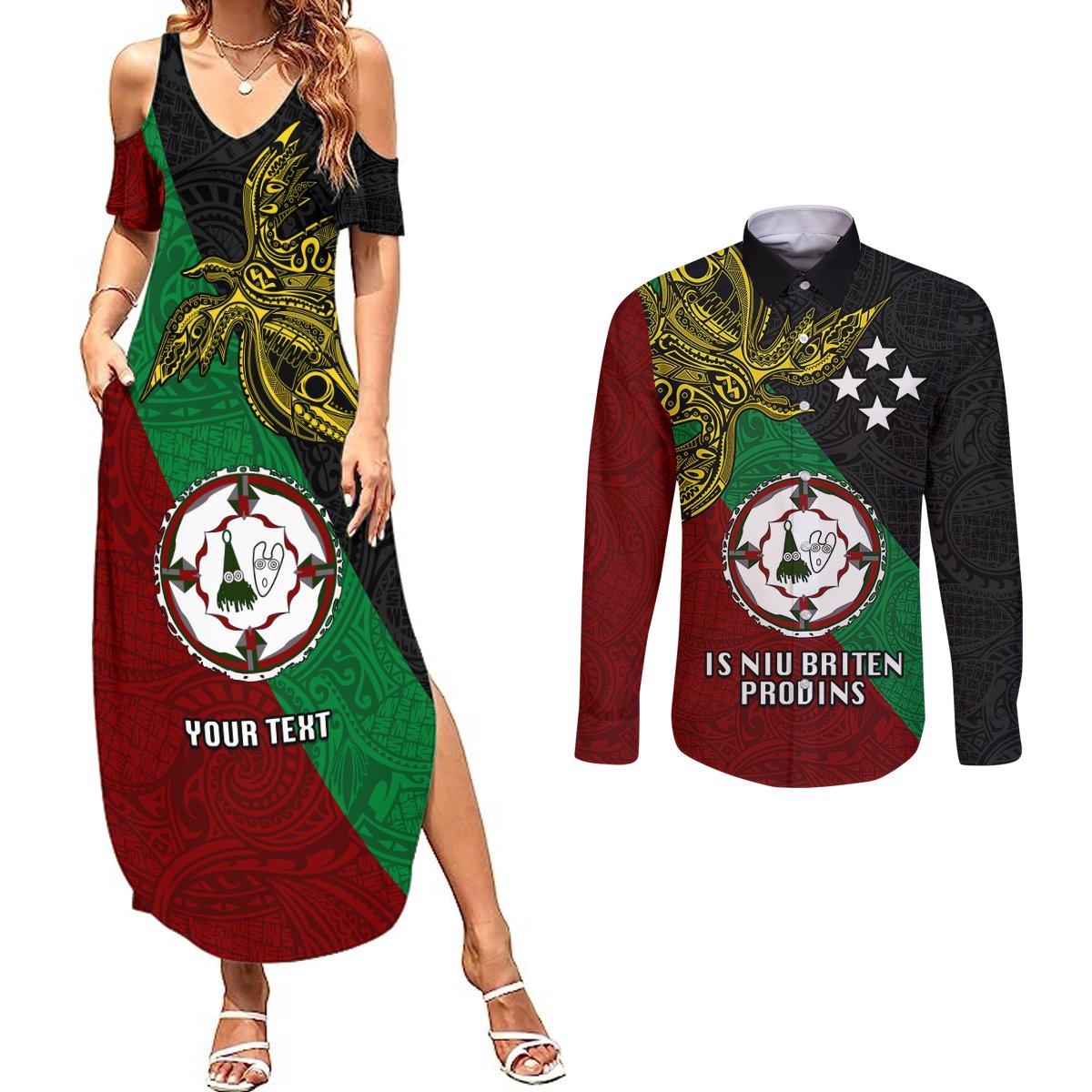 Custom Papua New Guinea East New Britain Province Couples Matching Summer Maxi Dress and Long Sleeve Button Shirts PNG Birds Of Paradise Polynesian Arty Style LT03 Green - Polynesian Pride