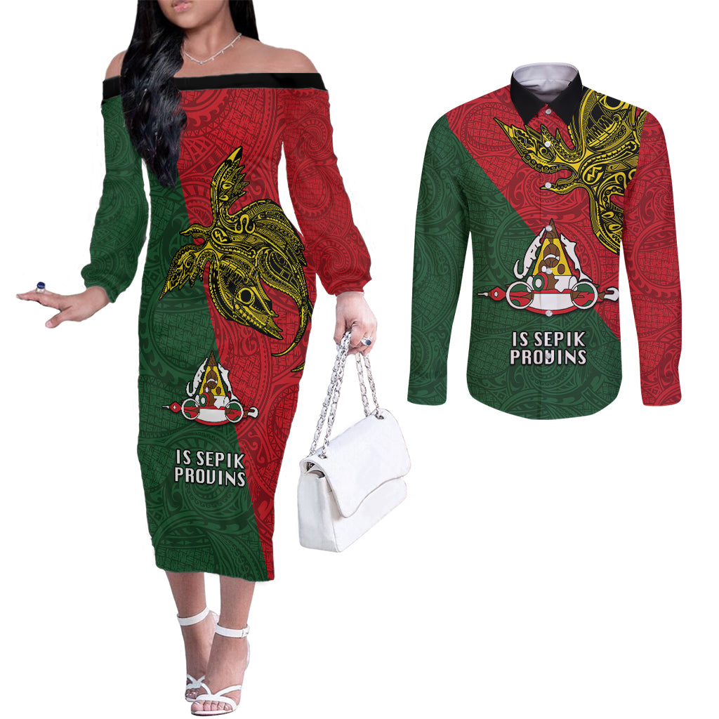Custom Papua New Guinea East Sepik Province Couples Matching Off The Shoulder Long Sleeve Dress and Long Sleeve Button Shirts PNG Birds Of Paradise Polynesian Arty Style LT03 Green - Polynesian Pride