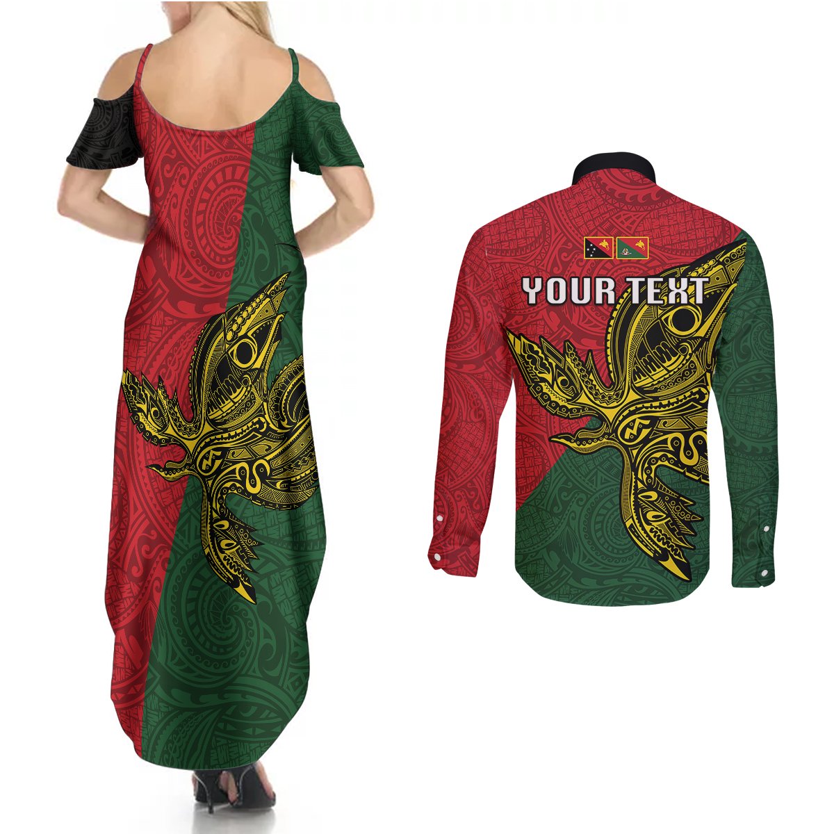 Custom Papua New Guinea East Sepik Province Couples Matching Summer Maxi Dress and Long Sleeve Button Shirts PNG Birds Of Paradise Polynesian Arty Style LT03 - Polynesian Pride