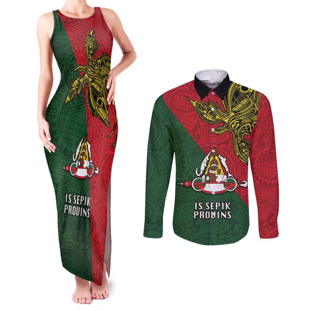 Custom Papua New Guinea East Sepik Province Couples Matching Tank Maxi Dress and Long Sleeve Button Shirts PNG Birds Of Paradise Polynesian Arty Style LT03 Green - Polynesian Pride
