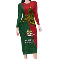 Custom Papua New Guinea East Sepik Province Long Sleeve Bodycon Dress PNG Birds Of Paradise Polynesian Arty Style LT03 Long Dress Green - Polynesian Pride
