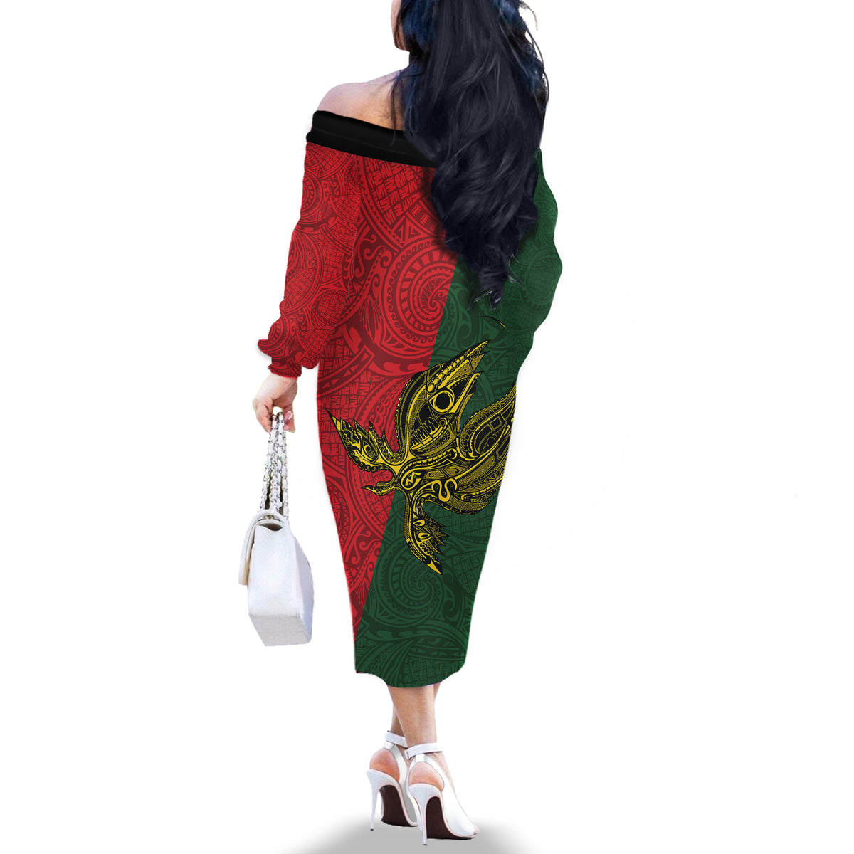 Custom Papua New Guinea East Sepik Province Off The Shoulder Long Sleeve Dress PNG Birds Of Paradise Polynesian Arty Style LT03 - Polynesian Pride