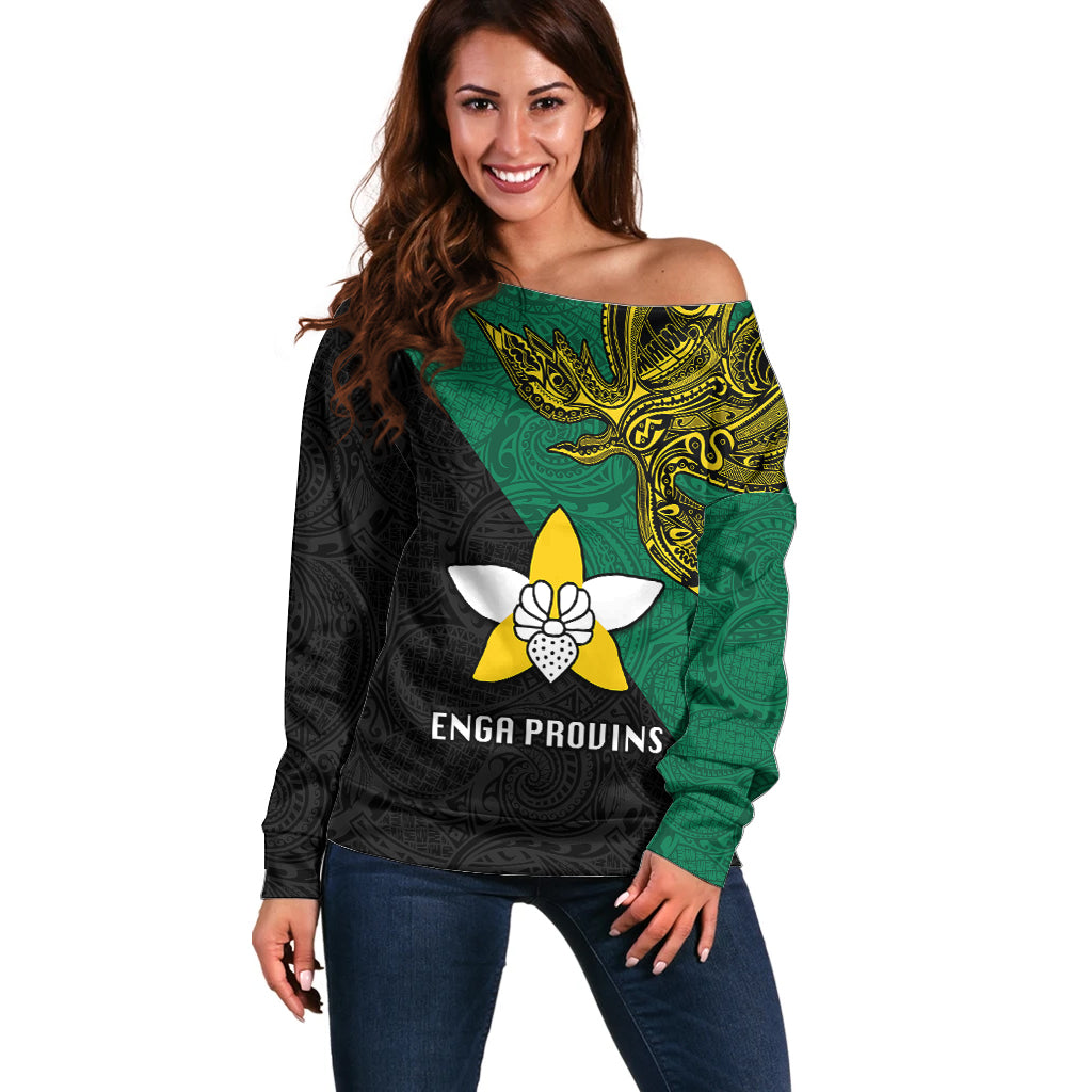 Papua New Guinea Enga Province Off Shoulder Sweater PNG Birds Of Paradise Polynesian Arty Style LT03 Women Green - Polynesian Pride
